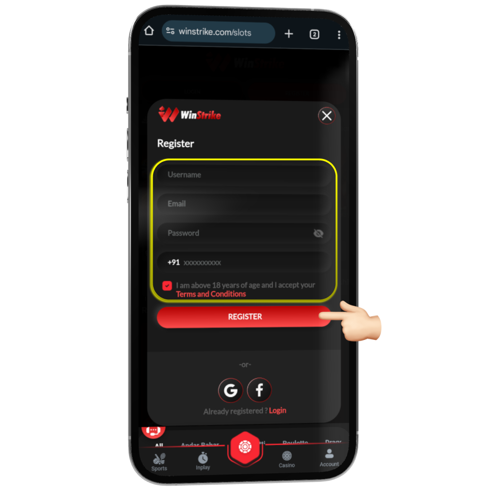 Winstrike Registration Form Interface