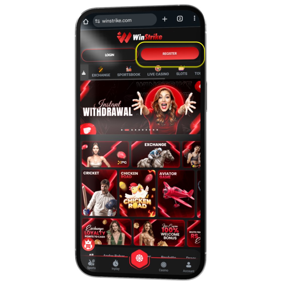 Winstrike Sign Up Button Location