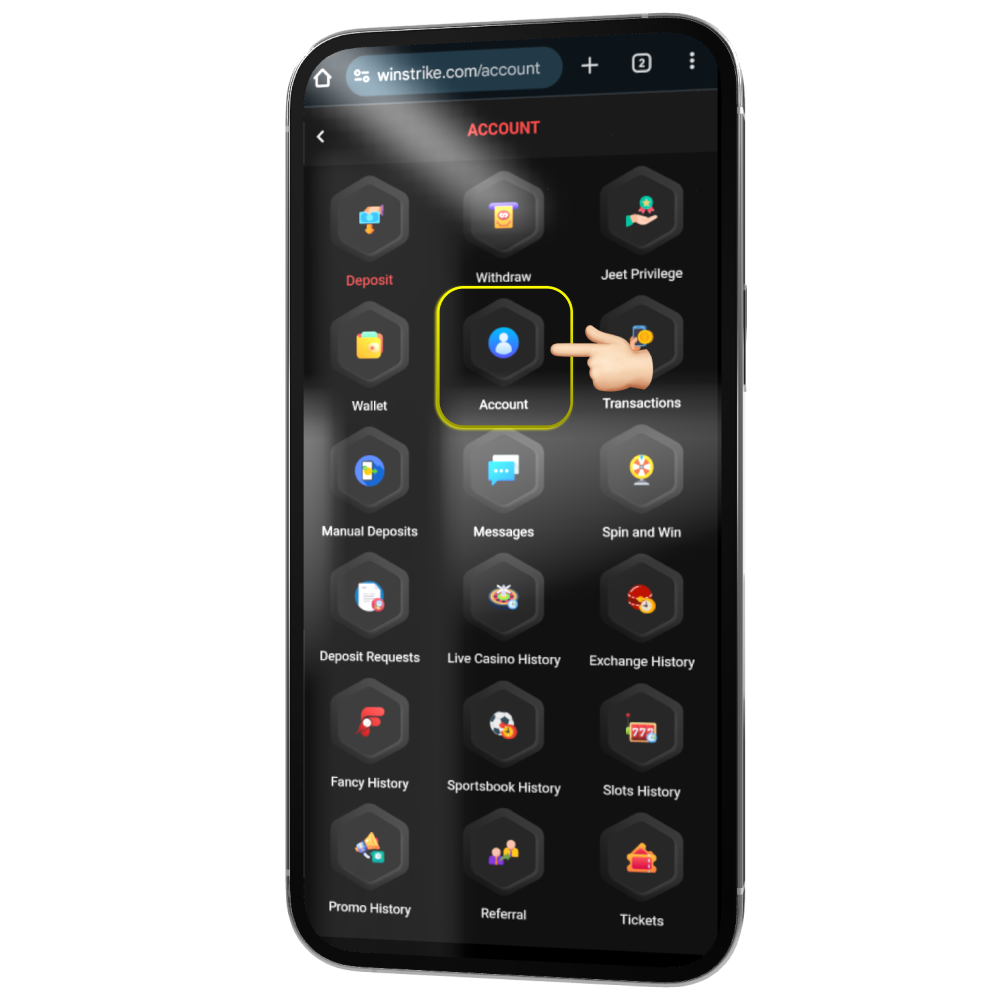 Winstrike My Account Menu Screen